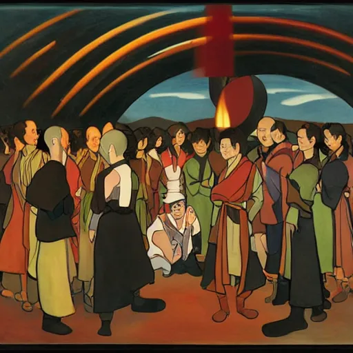 Prompt: spontaneous avatar the last airbender by andre lhote. a group of people in a dark room. the only source of light is a small window in the corner. the people are all looking at something outside of the kinetic sculpture.