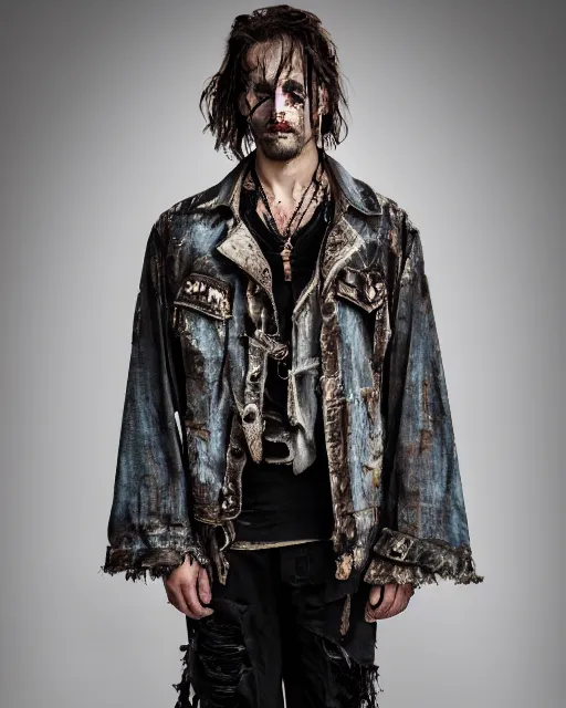 Image similar to a 5 0 mm award - winning photo of a thick plain cropped extremely baggy distressed pirate designer menswear cloth jacket designed by alexander mcqueen, 4 k, studio lighting, wide angle lens