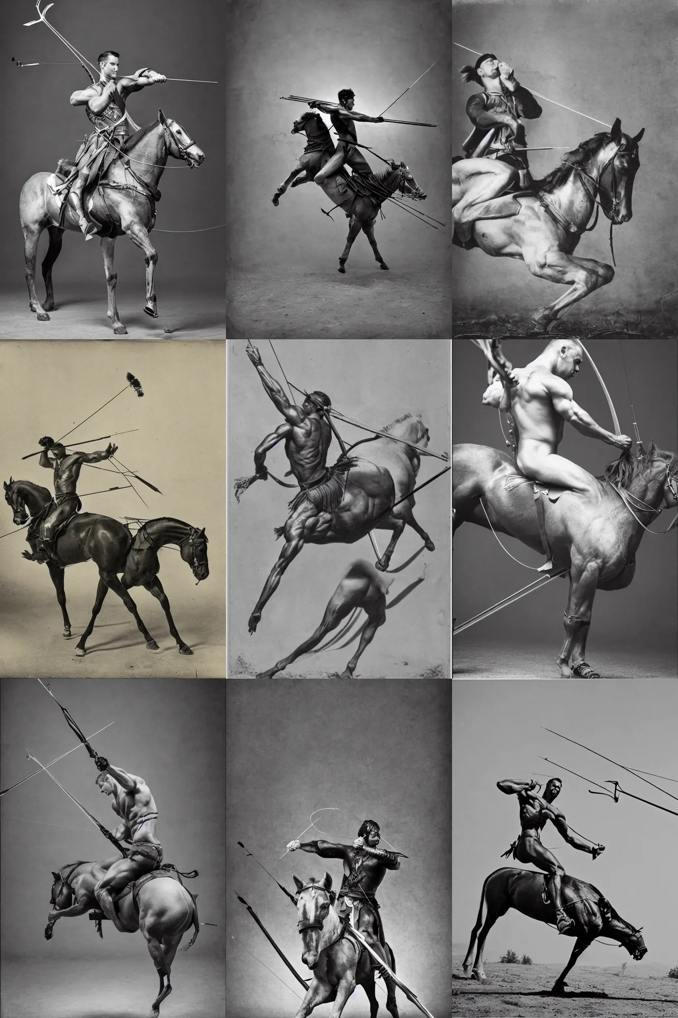 Prompt: a muscular male figure shooting a bow and arrow riding a horse, black and white photography, 8 k,