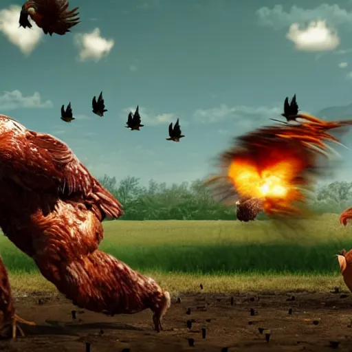 Image similar to Big dark person destroying chicken world, hyper realistic, 4k, high detailed, octane rader