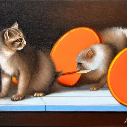 Prompt: Due gatti giocano a ping-pong su sfondo arancione, oil painting