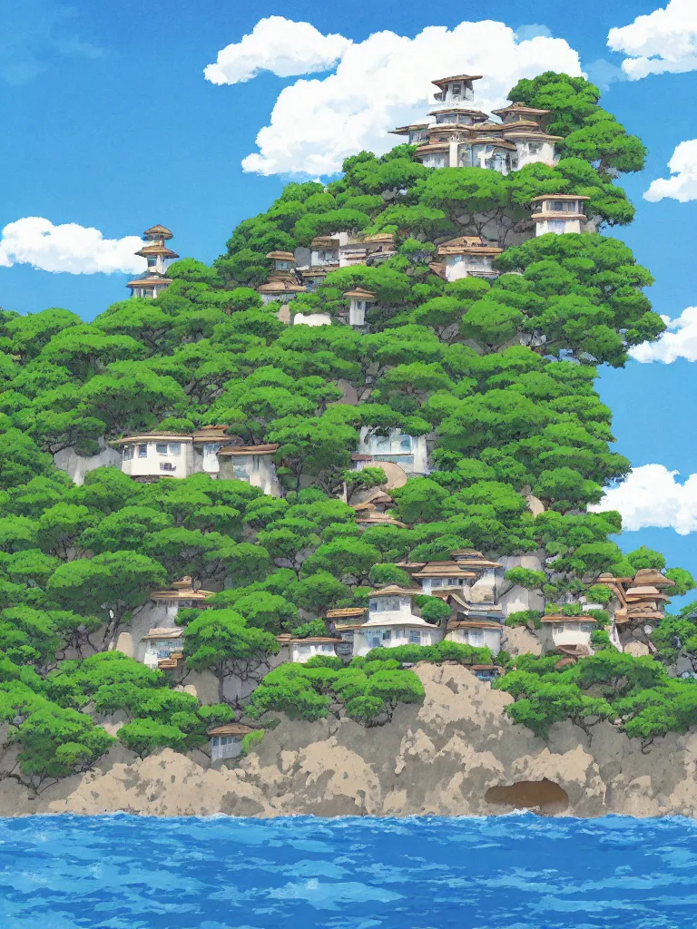 Prompt: studio ghibli background painting, kazuo oga, stucco house by the beach, blue sky with few clouds, details, hyper-detailed, HD, 4K, 8K