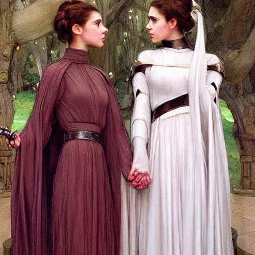 Image similar to !dream princess leia organa and queen padme amidala holding hands, perfect face, perfect body, flirty, full body portrait, drawn by john william waterhouse