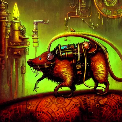 Image similar to steampunk rat, acid, 303, psychedelic, by paul lehr