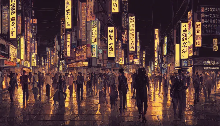 Image similar to Digital painting of cat walking in the crowded and lighted streets of Osaka at night, hyperdetailed, artstation, cgsociety, 8k