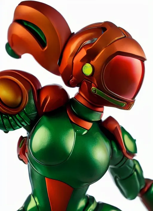 Image similar to helmet portrait of a figurine of samus aran's varia power suit from the sci - fi nintendo videogame metroid. designed by hiroji kiyotake. glossy. red round helmet, orange shoulder pads, green visor. shallow depth of field. suit of armor.