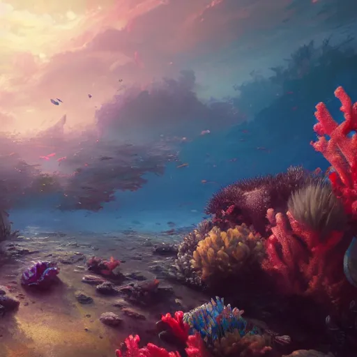 Image similar to beaufiful coral reef photorealistic painting, wlop, concept art, octane render, deviantart, greg rutkowski, cinematic, artstation, key art, hyperrealism