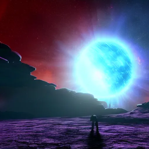 Prompt: The grand ending of an ominous era outside an exoplanet in space with a clear view of a spiral galaxy in splashes of red, purple and dark blue in unreal engine S- 69