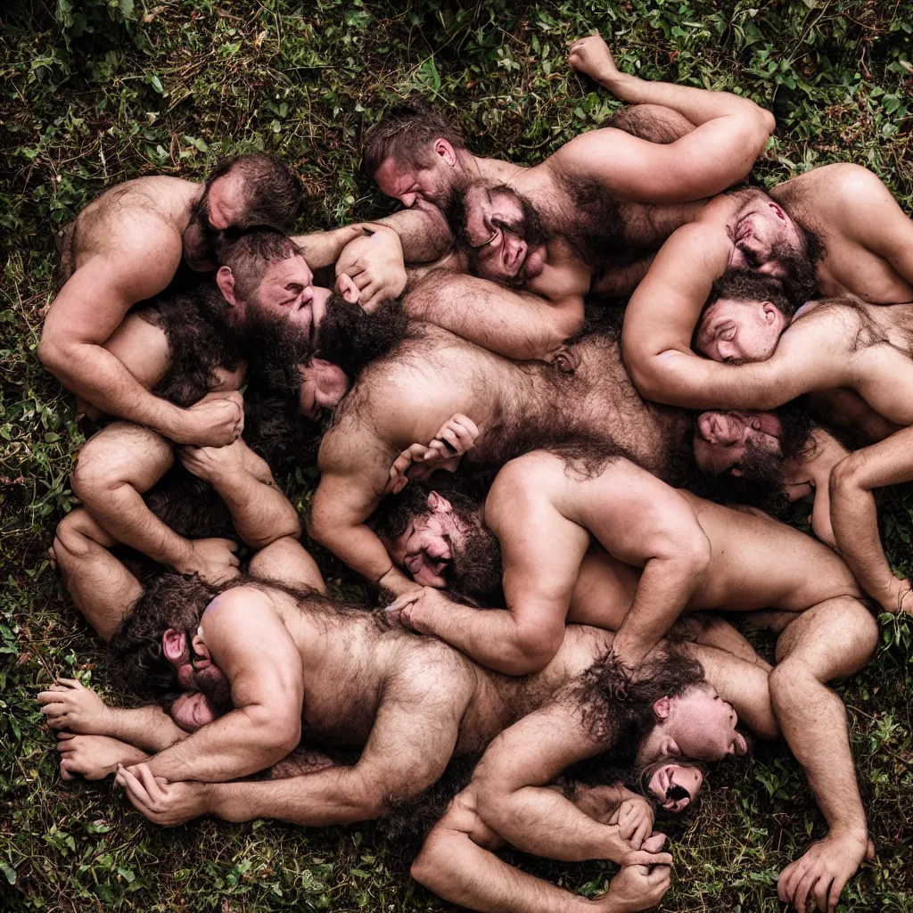 Image similar to dozens of big hairy strongmen in shorts laying down together in a bed in a forest, cuddling and kissing, photography, high details, epic, high resolution