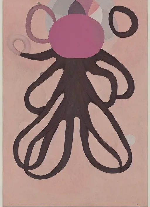 Image similar to pink octopus with minimalistic and aesthetic geometric shapes and patterns, muted color palette, symmetric, symbolist, abstract, spiritual art painting by Hilma At Klint