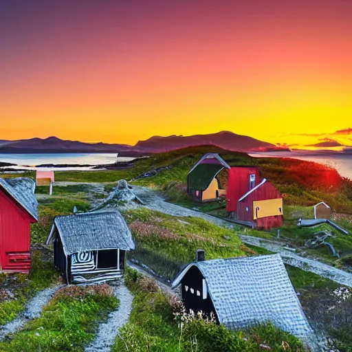 Prompt: overgrown norwegian village at the coast, sunset, arctic, beautiful, kids drawing