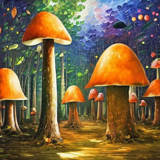 Prompt: glowing mushroom houses in a forest village, mushroom architecture, art by ricardo bofill, james christensen, rob gonsalves, paul lehr, leonid afremov and tim white