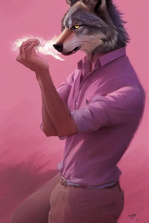 Image similar to realistic antropomorphic wolf wearing pink shirt and smoking cigarette, digital painting, artstation, concept art, smooth, sharp focus, illustration, art by artgerm, james jean, jean giraud, edward hopper, gaston bussiere and greg rutkowski