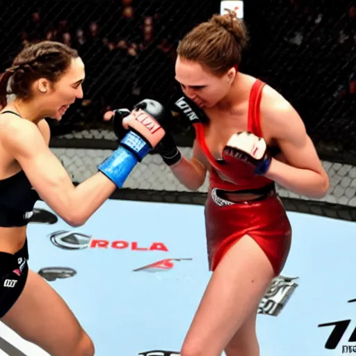 Image similar to gal gadot beating up ronda rousey in a mma fight