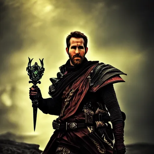 Prompt: a portrait of a Ryan Reynold as a warlock ,Grim fantasy, D&D, HDR, natural light, shoulder level shot, dynamic pose, award winning photograph, Mucha style 4k,