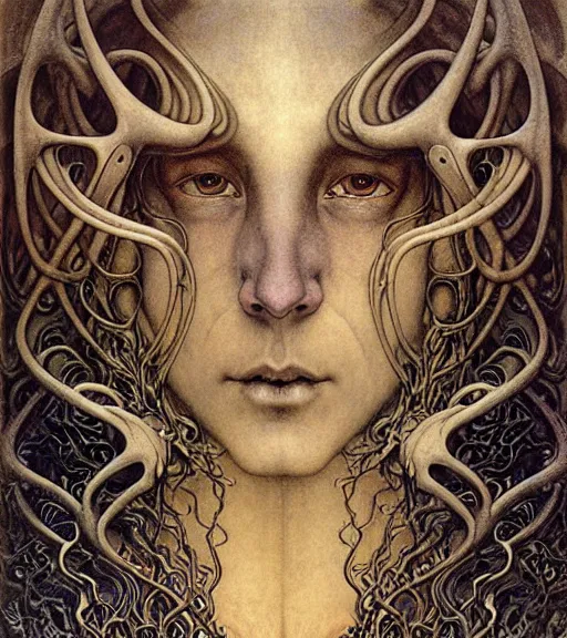 Image similar to detailed realistic beautiful young medieval alien robot grimez face portrait by jean delville, gustave dore and marco mazzoni, art nouveau, symbolist, visionary, gothic, pre - raphaelite. horizontal symmetry by zdzisław beksinski, iris van herpen, raymond swanland and alphonse mucha. highly detailed, hyper - real, beautiful, fractal baroque