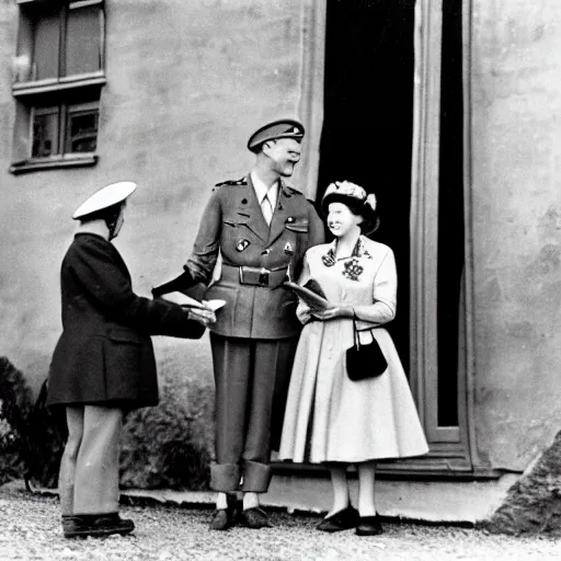 Image similar to 5 0 mm 1 9 4 6 historical photo, of a single german general and a young queen elizabeth signing a peace treaty, a cute corgi watches, french village interior, highly detailed, sharp focus, symmetrical face