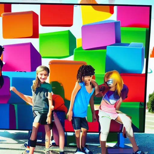 Image similar to photo of (kids with computers)!! outside in the sun, large roblox!! shapes floating all over, bright colors