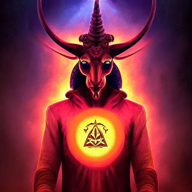 Prompt: Beautiful centered portrait 3d render of the illuminati Baphomet, face portrait, atmospheric lighting, painted, intricate, volumetric lighting, beautiful, rich deep colors masterpiece, sharp focus, ultra detailed, in the style of Dan Mumford and marc simonetti, with a clear crowded futuristic cyberpunk city in the background, astrophotography