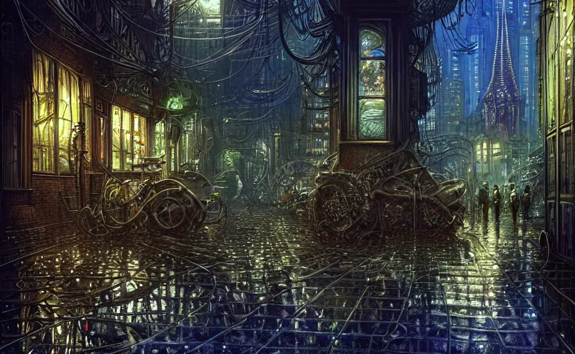 Prompt: a dark and rainy underground biopunk streetcorner environment, large crowd, filigree, convoluted, elaborate, glass domes, glass panes, glowing lights, dramatic lighting, photorealism, unreal engine, art by michael whelan and chris moore and howard david johnson and tim white and dan giancola
