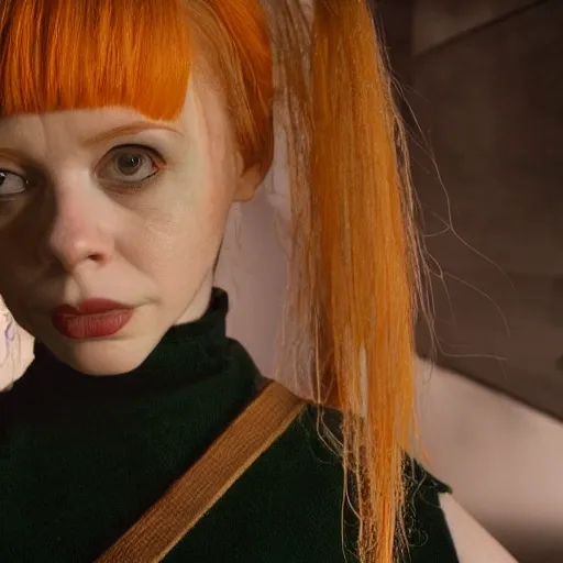 Image similar to a young Christina Hendricks dressed like lilu from the fifth element. Full frontal photography, bare, highly detailed, film still, looking at camera, symmetrical, Zeiss Lens, Octane Render, 8k resolution redshift