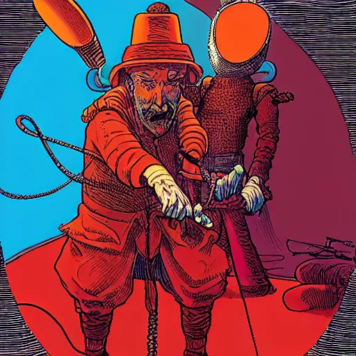 Prompt: drawn in the style of jean giraud!! moebius!! rackham the red wearing headphones and speaking into big microphone, podcast studio