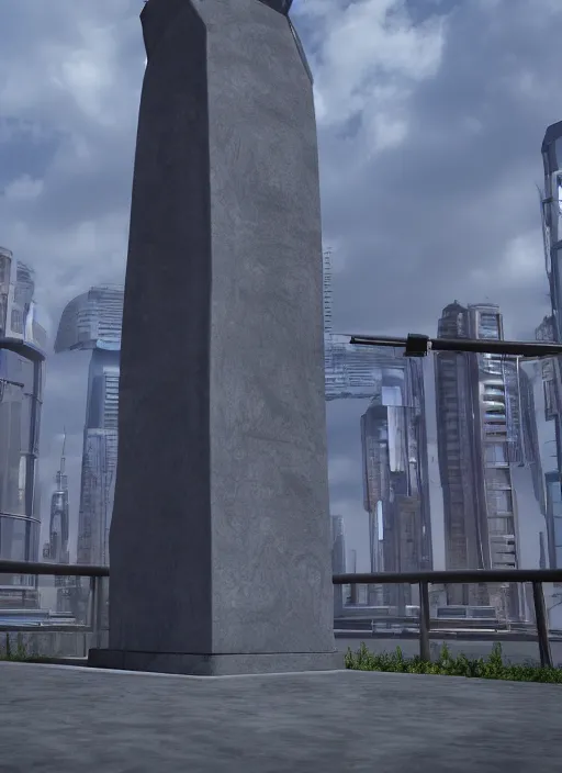 Image similar to highly detailed render of a high tech futuristic tall stele standing on the road ring made in unreal engine 4