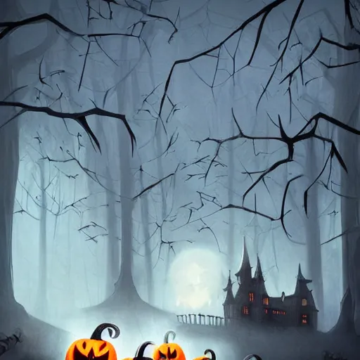 Image similar to a creepy and eery Halloween setting, with Jack o lanterns on the street and shadow figures lurking about, dynamic lighting, photorealistic fantasy concept art, stunning visuals, creative, cinematic, ultra detailed, trending on art station, spooky vibe