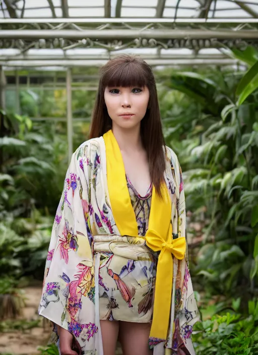 Prompt: portrait photograph of beautiful!!!! young female model, symmetric face, symmetric eyes, slight smile, natural light, wearing a yellow kimono with a very detailed barn owl on her shoulder!!! in a tropical greenhouse. looking at the camera!!. super resolution. Extremely detailed. Graflex camera, bokeh.