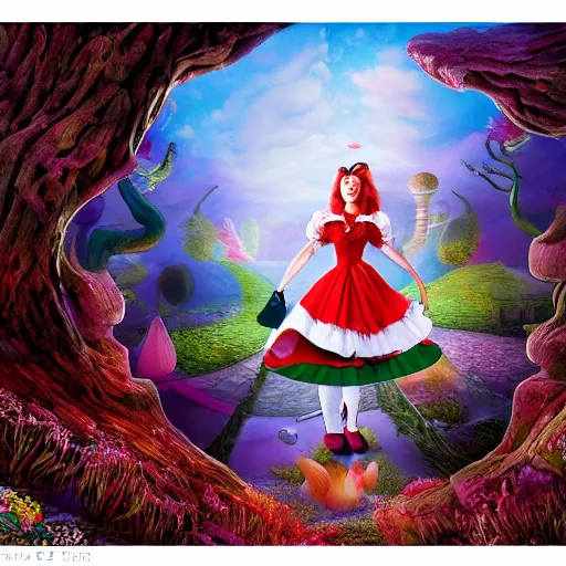 Image similar to recursive Alice in wonderland art. Highly detailed 4k warping in on itself image. Impossible shapes, Alice and the white rabbit chased by the red queen