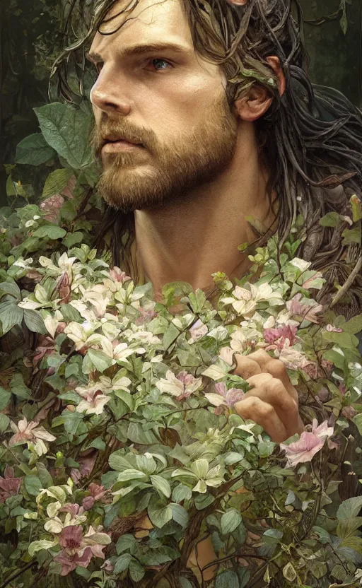 Image similar to god of the forest, 3 0 years old, rugged, handsome, male, detailed face, clean lines, atmospheric lighting, amazing, full body, thighs, flowers, muscular, intricate, highly detailed, digital painting, deviantart, concept art, sharp focus, illustration, art by greg rutkowski and alphonse mucha