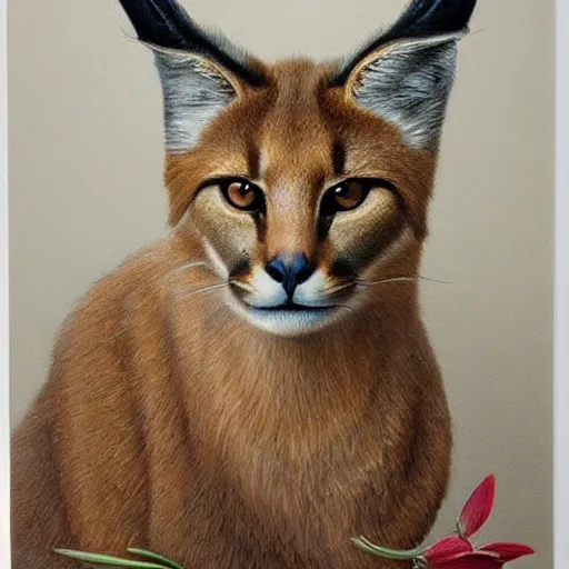 Image similar to fullbody portrait of cute fluffy caracal, wearing laurel wreath on his head, illustration, high detail, francine van hove