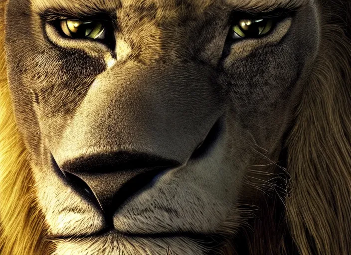 Image similar to screenshot of Scar from the lion king. (1994), iconic scene, black mane, dark fur, green_eyes, villain character, evil lion, HD remaster, Disney, highly detailed, high quality, detailed fur, scar