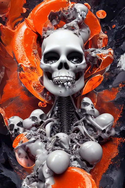 Prompt: epic 3 d abstract model, liquid skull and skeleton spinning, 2 0 mm, with white and cyber orange peanut butter, melting smoothly into asymmetrical bubble bodies, liquid, delicate, beautiful, intricate, houdini sidefx, trending on artstation, by jeremy mann and ilya kuvshinov, jamie hewlett and ayami kojima