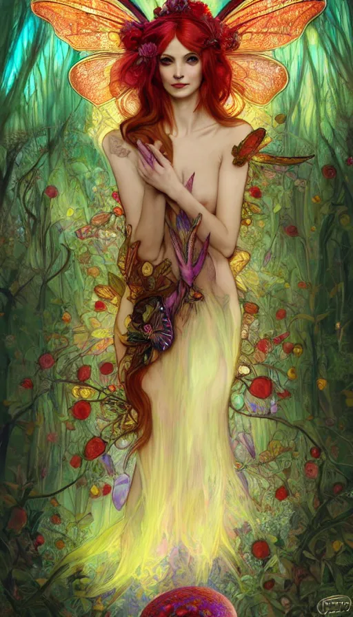 Image similar to a colorful and provenance and stunningly beautiful female faerie priestess in amanita muscaria forest landscape, symmetrical wings on back, neon hair, fantasy art, wearing a dress of gossamer gold, dark light night, sharp focus, digital painting, 4 k, concept art, art by charlie bowater and alphonse mucha, brom, face by otto schmidt