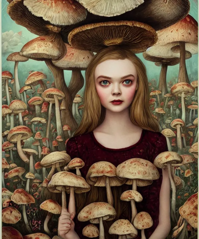 Image similar to portrait of Elle Fanning in wonderland, giant mushrooms, lowbrow painting by Mark Ryden