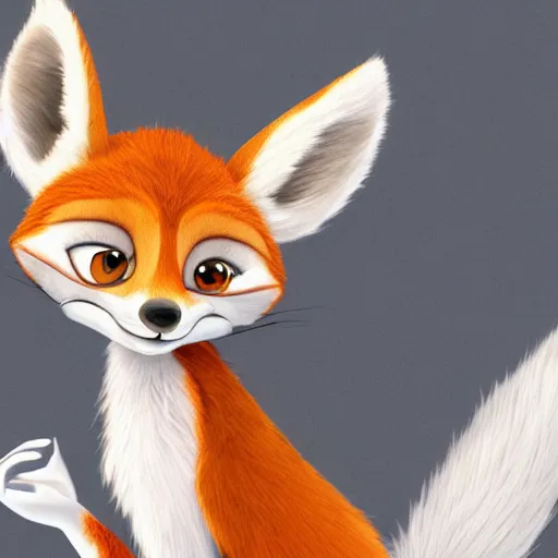 Prompt: upper half portrait of a anthropomorphic female fox with short white fur covering her body in the style of zootopia, top down view, centered on face, completely white