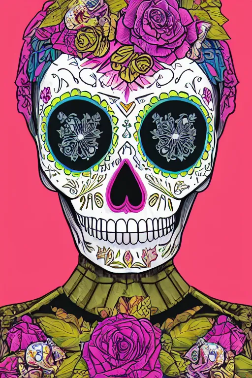 Prompt: Illustration of a sugar skull day of the dead girl, art by josan gonzalez