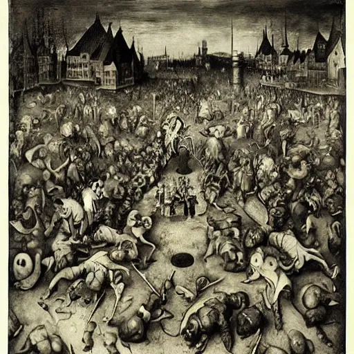 Image similar to a crowd of plague doctors in the style of pieter bruegel the elder, jan saudek, joel peter witkin, gustave dore, heironymus bosch