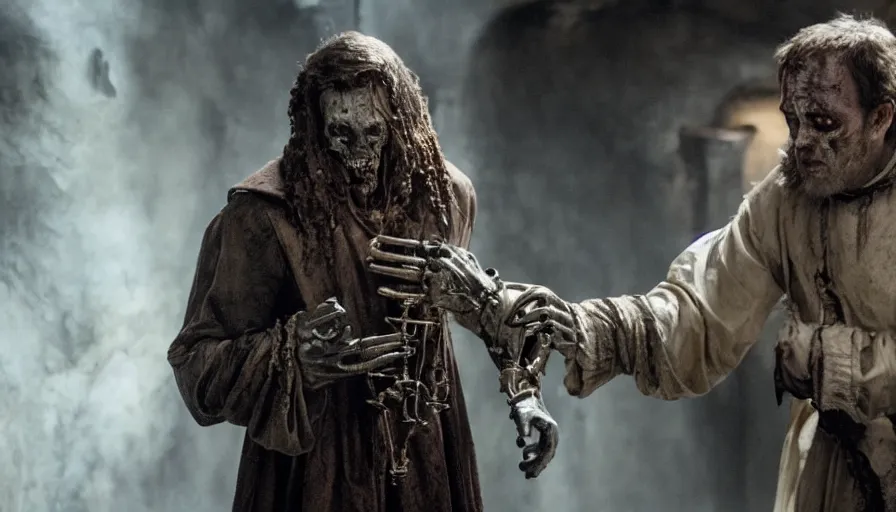 Image similar to Movie by Ridley Scott about an 16th century alchemist lab where a lavishly dressed necromancer priest slaps the face of a cyborg zombie