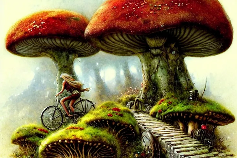 Image similar to adventurer ( ( ( ( ( 1 9 5 0 s retro future forrest of giant mushrooms, moss and flowers stone bridge. muted colors. ) ) ) ) ) by jean baptiste monge!!!!!!!!!!!!!!!!!!!!!!!!! chrome red