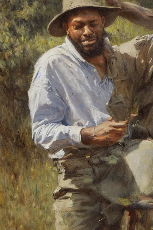 Image similar to Solomon Joseph Solomon and Richard Schmid and Jeremy Lipking painting full length portrait painting of a young man going to work in the field