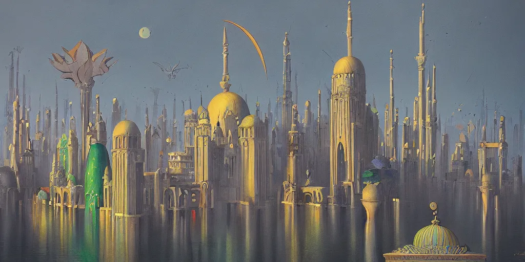 Prompt: a beautiful painting of islamic architecture, city landscape, colorful, louis kahn, fantasy, futuristic, by yves tanguy, trending on artstation