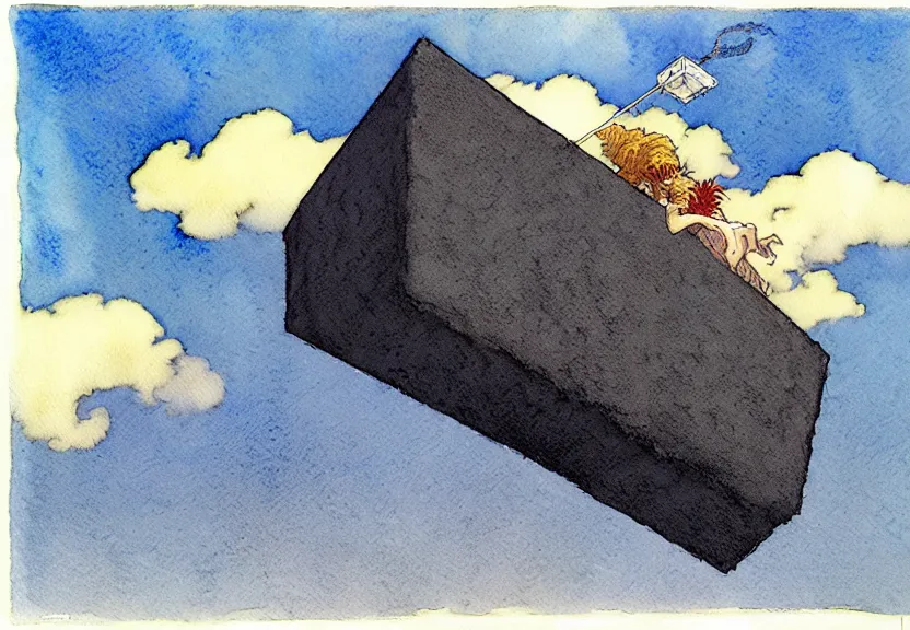 Image similar to a simple watercolor fantasy concept art of a giant dark grey cube floating in the air. by studio ghibli, rebecca guay, michael kaluta, charles vess