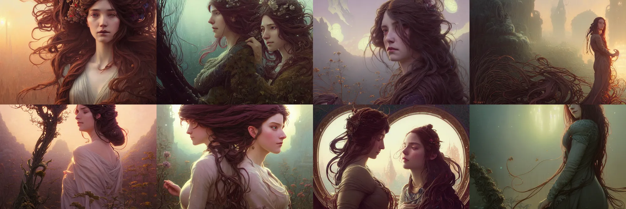 Image similar to highly detailed portrait of a woman with long hairs, stephen bliss, unreal engine, fantasy art by greg rutkowski, art nouveau, loish, rhads, ferdinand knab, makoto shinkai and lois van baarle, ilya kuvshinov, rossdraws, tom bagshaw, alphonse mucha, global illumination, radiant light, detailed and intricate environment