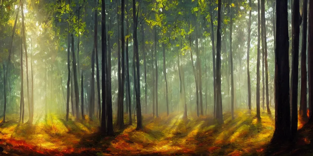 Image similar to An oil painting of an intensely beautiful forest in the morning with vertical trees; rays of light coming through the canopy; trending on artstation; extraordinary masterpiece!!!!!!