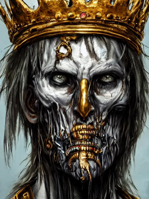 Prompt: portrait art of 8k ultra realistic undead king,detailed golden crown, decaying, cybernetic, full of colour, cinematic lighting, battered, trending on artstation, 4k, hyperrealistic, focused, extreme details,unreal engine 5, cinematic, masterpiece, art by ayami kojima, giger