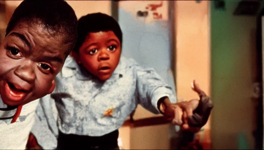 Image similar to 7 0 s film still from a horror movie about gary coleman fighting emmanuel lewis, kodachrome, cinecolor, cinestill, film grain, film texture, retro, cinematic, high resolution, photorealism,