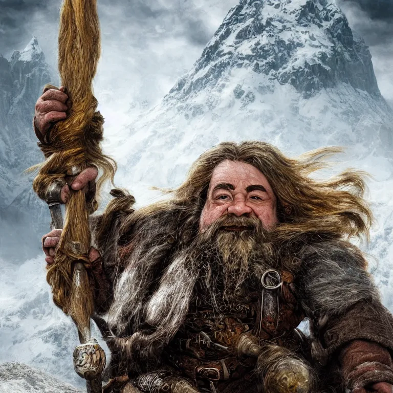 Image similar to dwarf with hammer in mountains, lord of the rings style, fantasy, poster, character portrait, portrait, close up, concept art, intricate details, highly detailed, full body, 8 k, detailed face, body