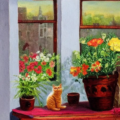 Prompt: cat on the table, flowers in vase, window with plant, village, oil painting